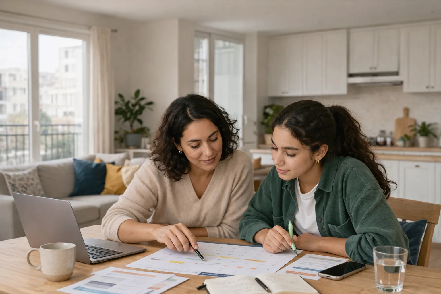 Un parent et un lycéen organisent calmement un calendrier Parcoursup autour d’une table avec ordinateur, agenda et notes.