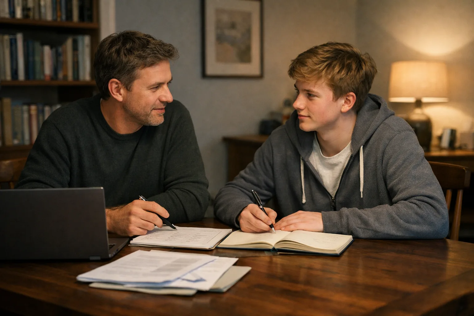 Parent and sixth-form student planning an Oxbridge application together at a kitchen table.