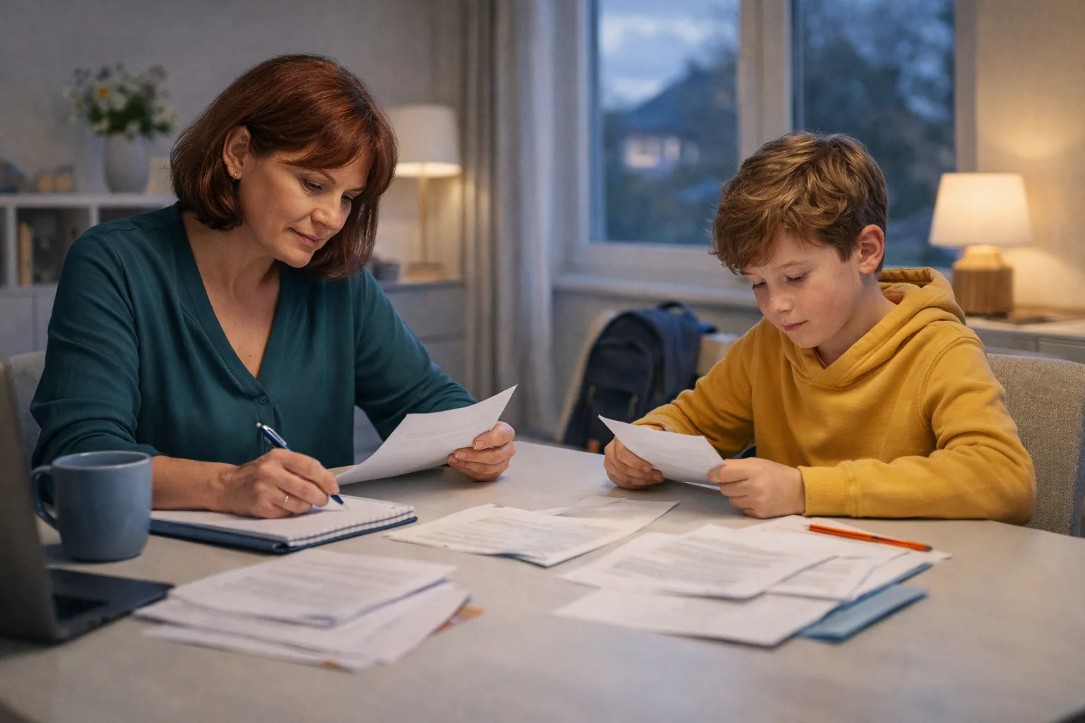 Ein Elternteil und ein Schulkind vergleichen zu Hause ruhig verschiedene Schuloptionen und machen sich Notizen.