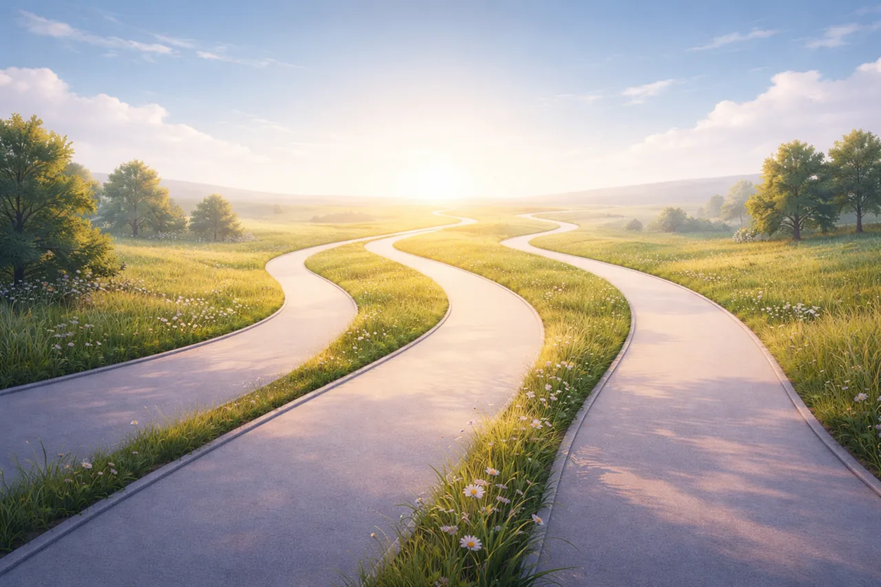 Mehrere gleichwertige Wege führen nebeneinander und mit Verbindungen zu offenen Horizonten.