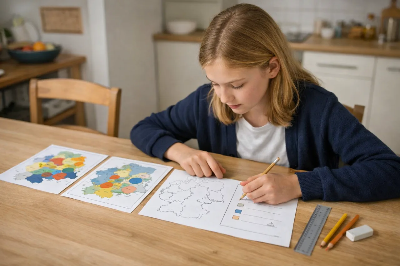 A younger secondary-school student compares two geography maps beside a blank outline map and a simple three-part key.