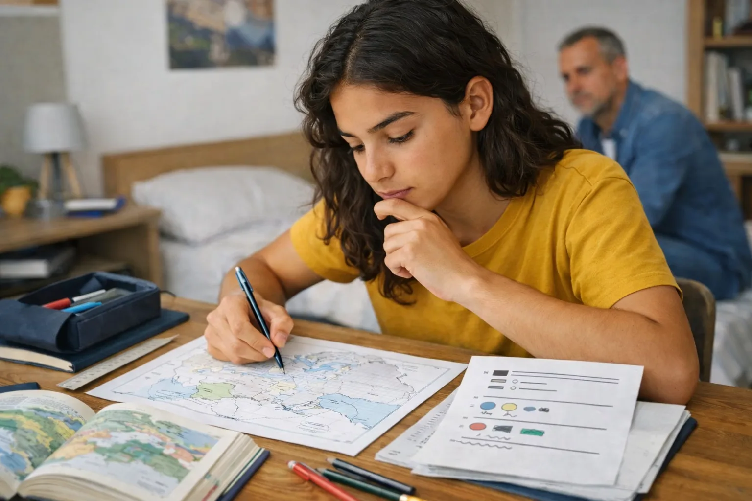 A teenager studies geography with an outline map and a simplified legend while a parent stays quietly nearby.