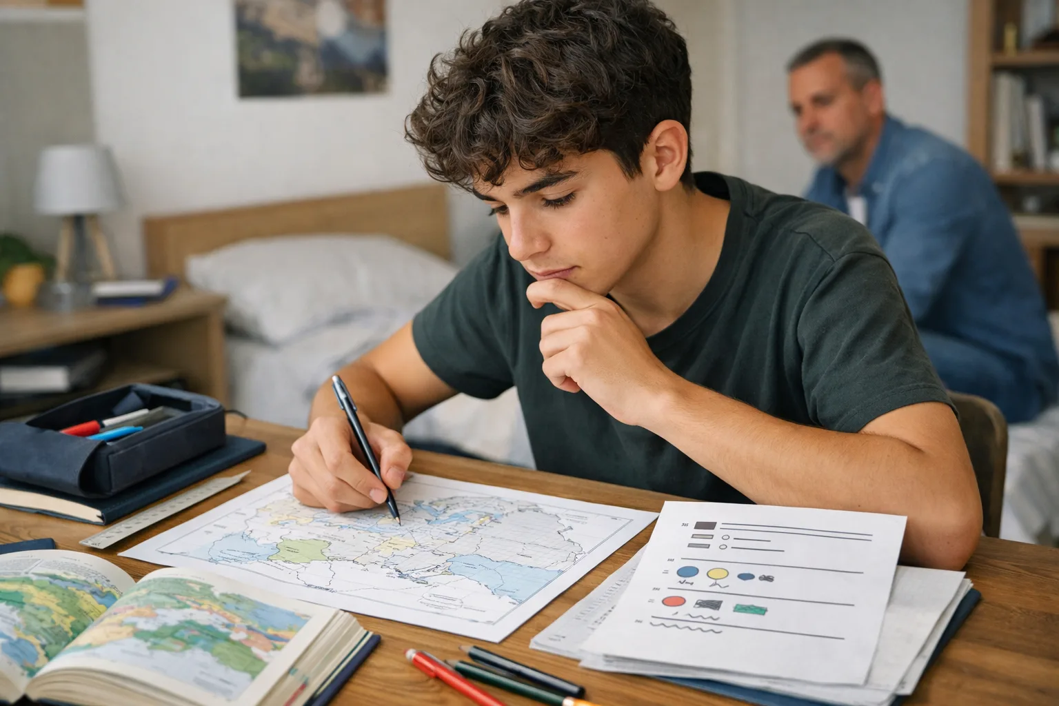 Un lycéen utilise une carte et une légende simplifiée pour raisonner en géographie plutôt que pour simplement décorer sa page.