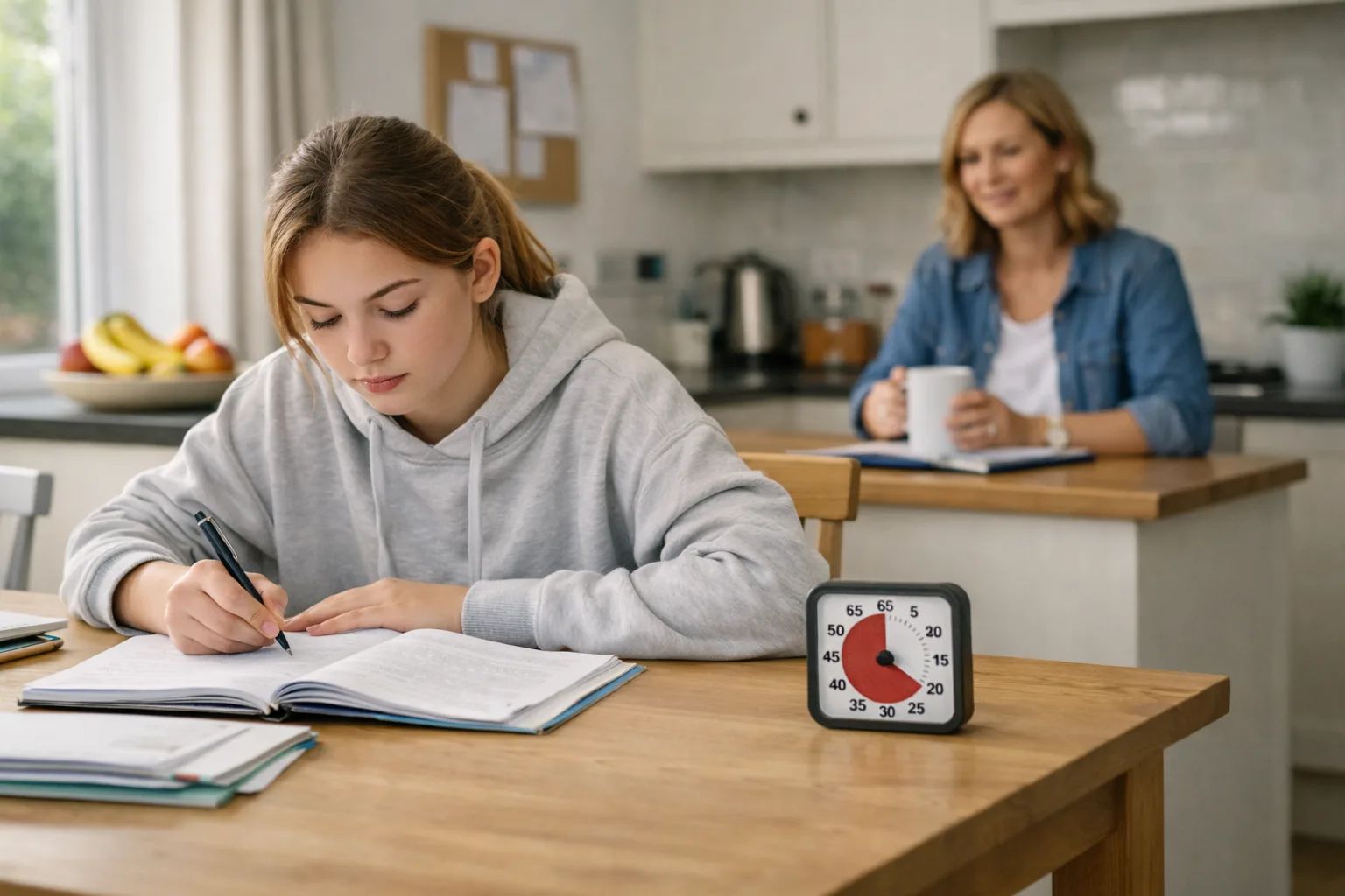 A teenager starts a short weekend study session at the kitchen table while a parent stays nearby without hovering.
