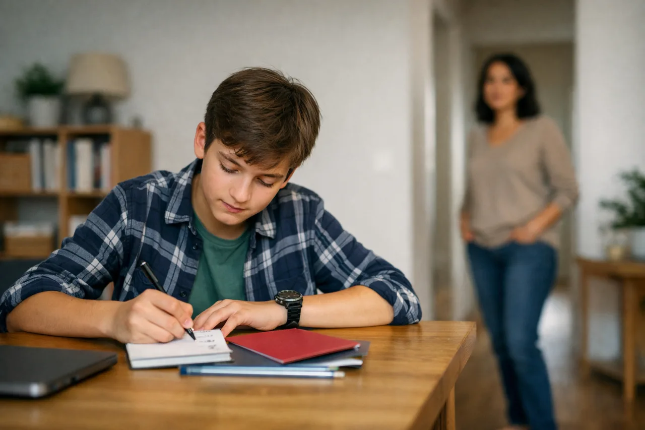 Un adolescent coche son petit plan de travail tandis qu’un parent observe à distance, sans intervenir.