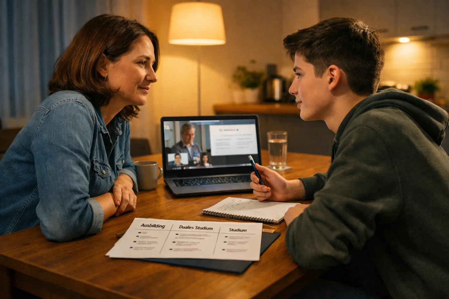Ein Elternteil und ein Jugendlicher verfolgen gemeinsam einen digitalen Elternabend am Laptop und vergleichen Notizen zu Ausbildung, dualem Studium und Studium.