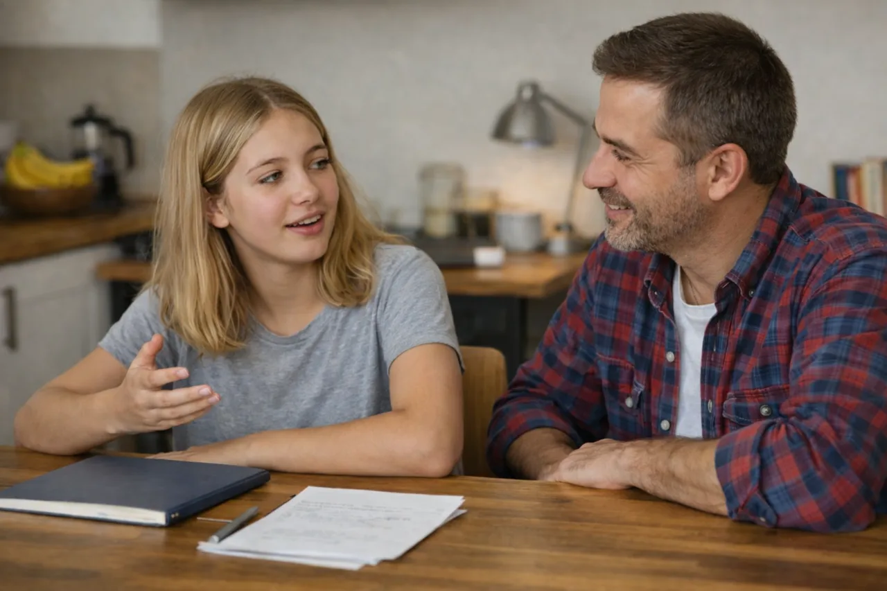 A parent listens calmly as a middle-school student explains a lesson from memory with the notebook closed.