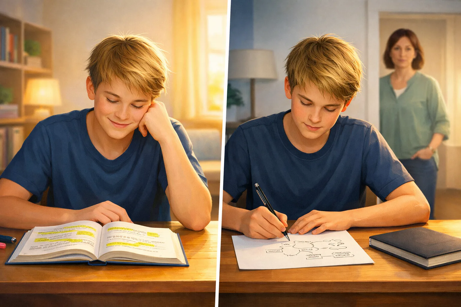 Ein Jugendlicher sitzt an einem Tisch zwischen geöffnetem Heft und einem Blatt mit Stichpunkten aus dem Gedächtnis, während ein Elternteil im Hintergrund ruhig präsent bleibt.