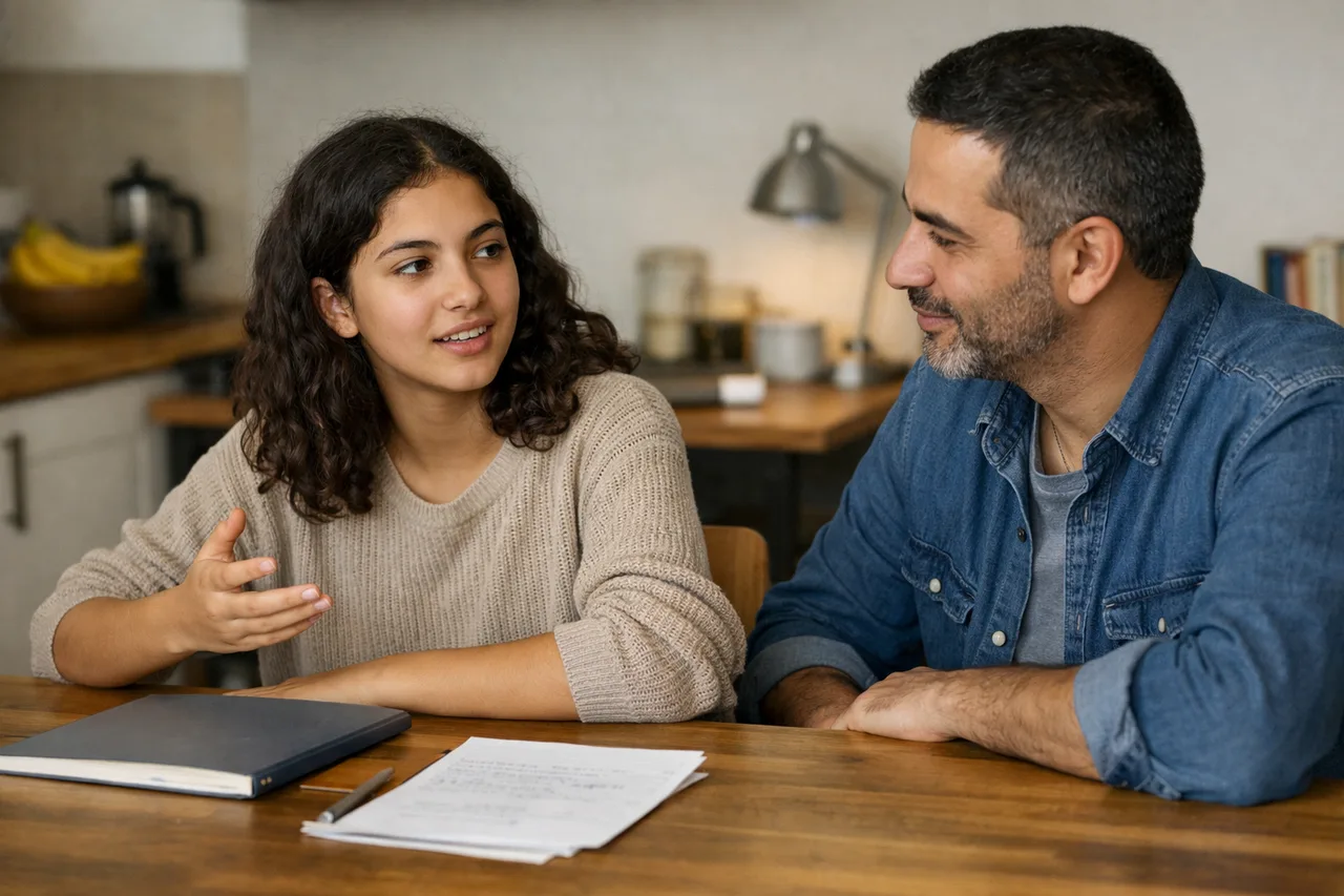 Un parent écoute calmement une adolescente expliquer son cours de mémoire, sans surveiller ni corriger en permanence.