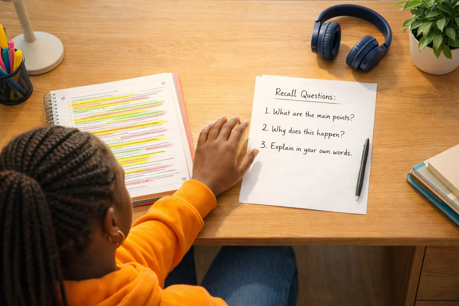 A teenager hesitates between a heavily highlighted page and a simple recall sheet with handwritten questions.