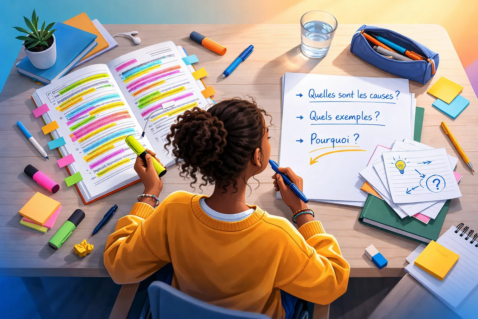 Une adolescente hésite entre une page de cours très surlignée et une feuille de rappel active avec quelques questions manuscrites.