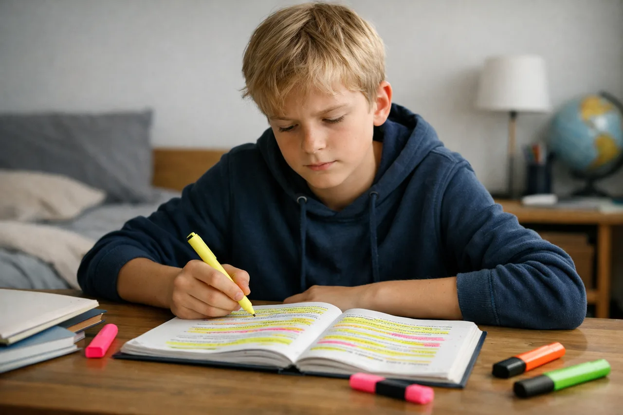 Un adolescent travaille sérieusement sur un cours presque entièrement surligné.