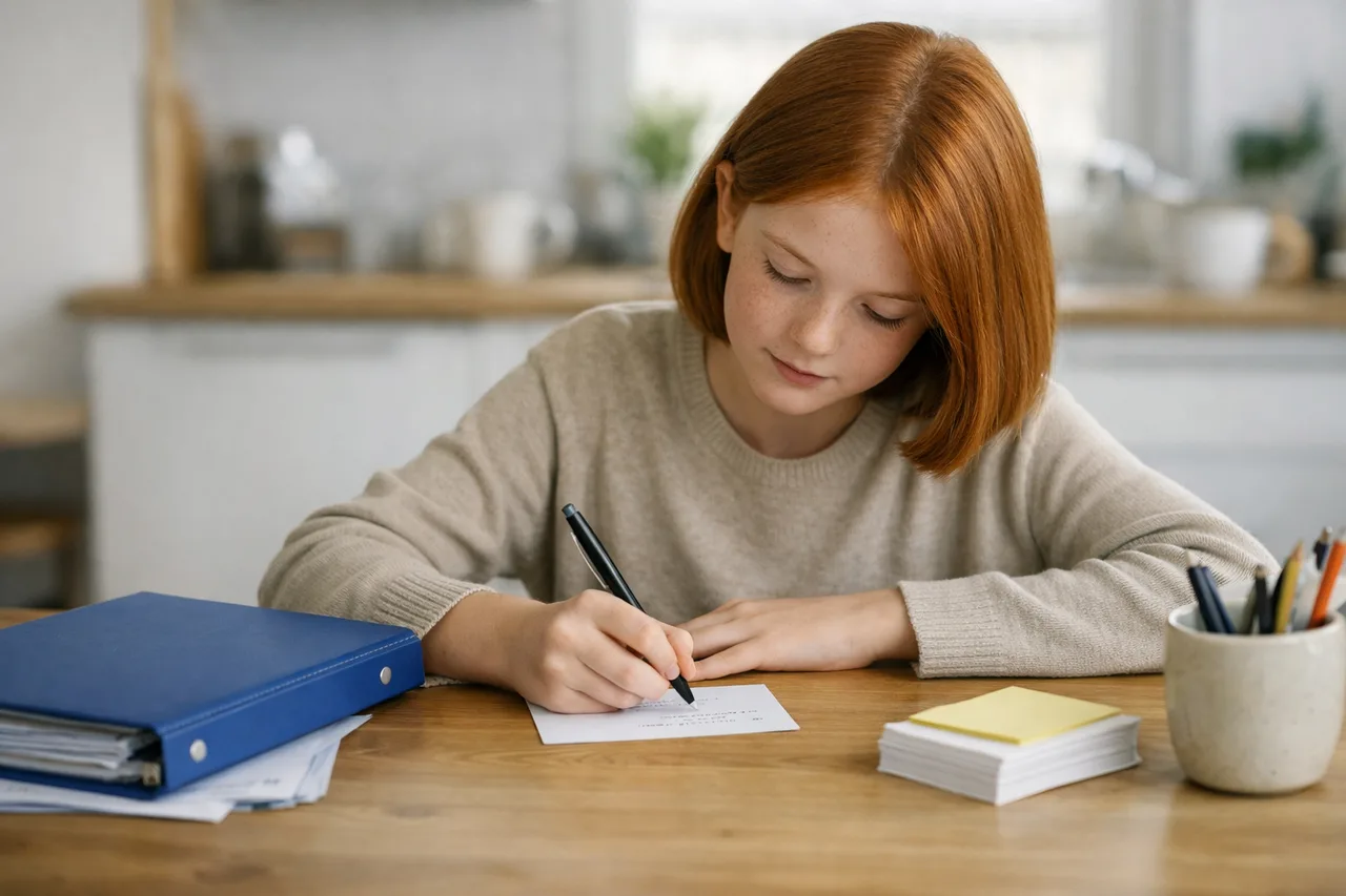 Un adolescent  écrit de mémoire une question-réponse sur une feuille blanche.Son classeur, posé à côté, est fermé.