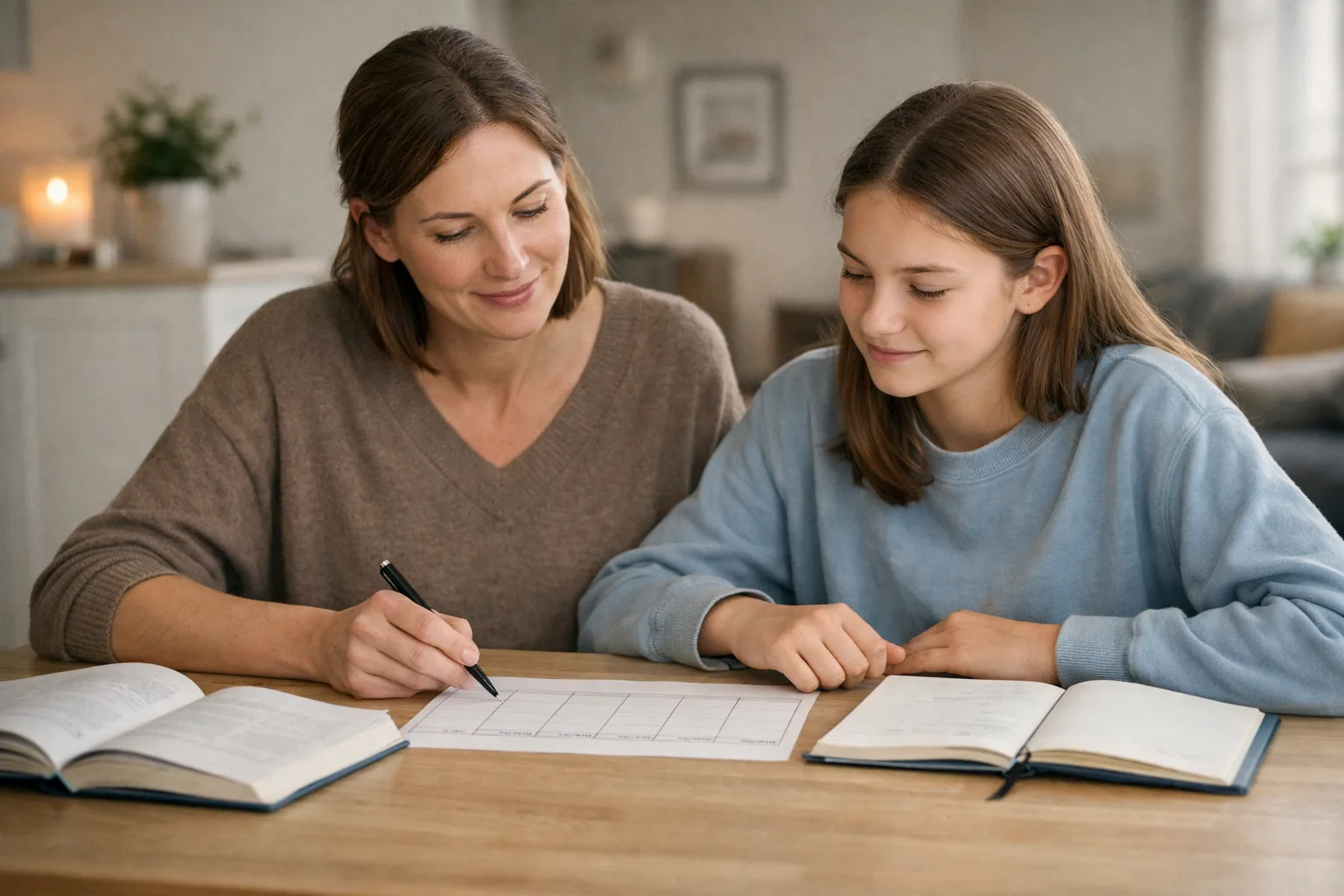 Ein Elternteil und ein Teenager planen ruhig die Woche mit einem schlichten Papierplan und wenigen Schulheften an einem Familientisch.
