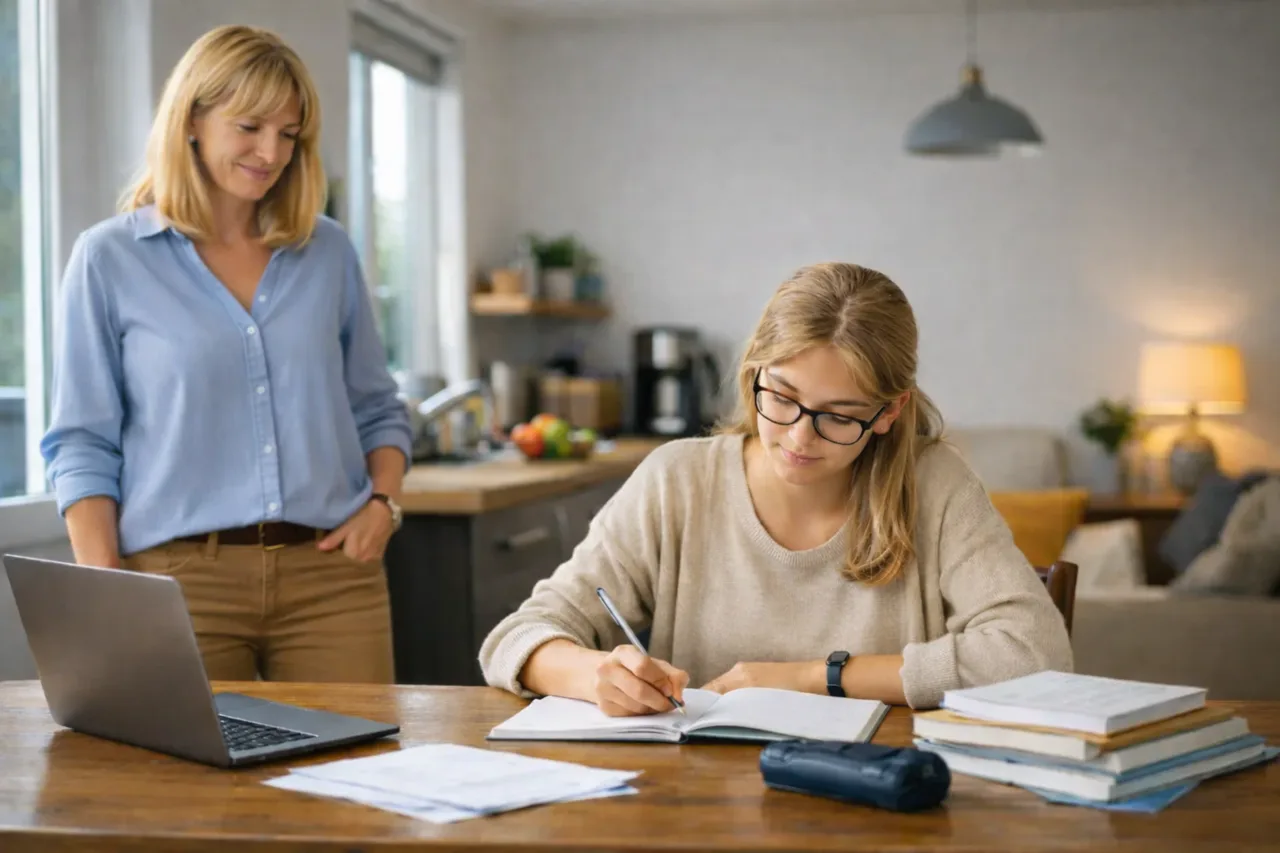 Ein Elternteil bleibt leicht im Hintergrund, während ein Teenager ruhig an einem Tisch arbeitet; die Atmosphäre wirkt unterstützend, aber nicht kontrollierend.