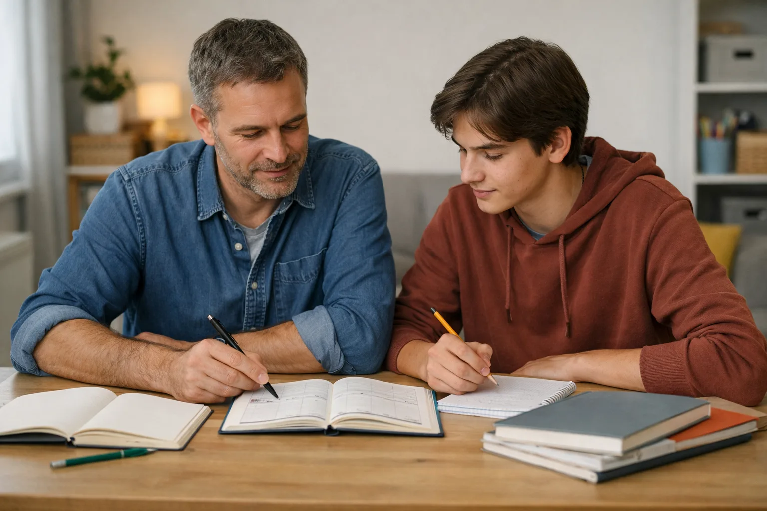 Un parent et un adolescent préparent calmement la semaine autour d’un agenda simple et de quelques cahiers sur une table familiale.