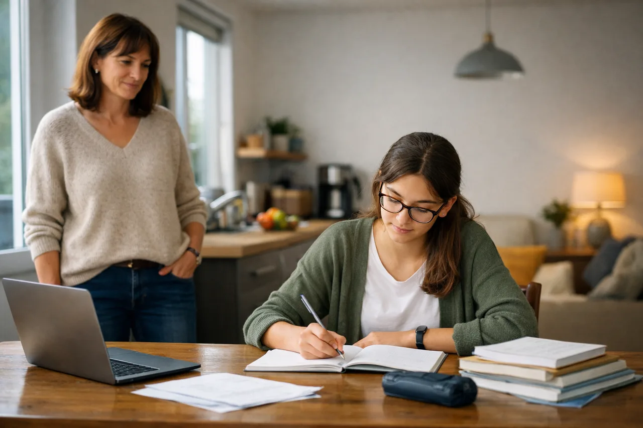 A parent stays nearby while a teenager works alone at the table, showing support without close supervision.