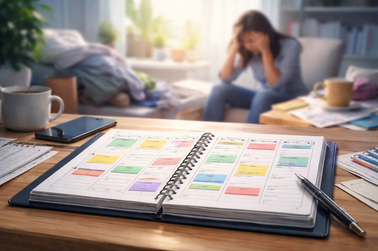 A crisp weekly planner in the foreground contrasts with a blurred background suggesting tiredness and disruptions.