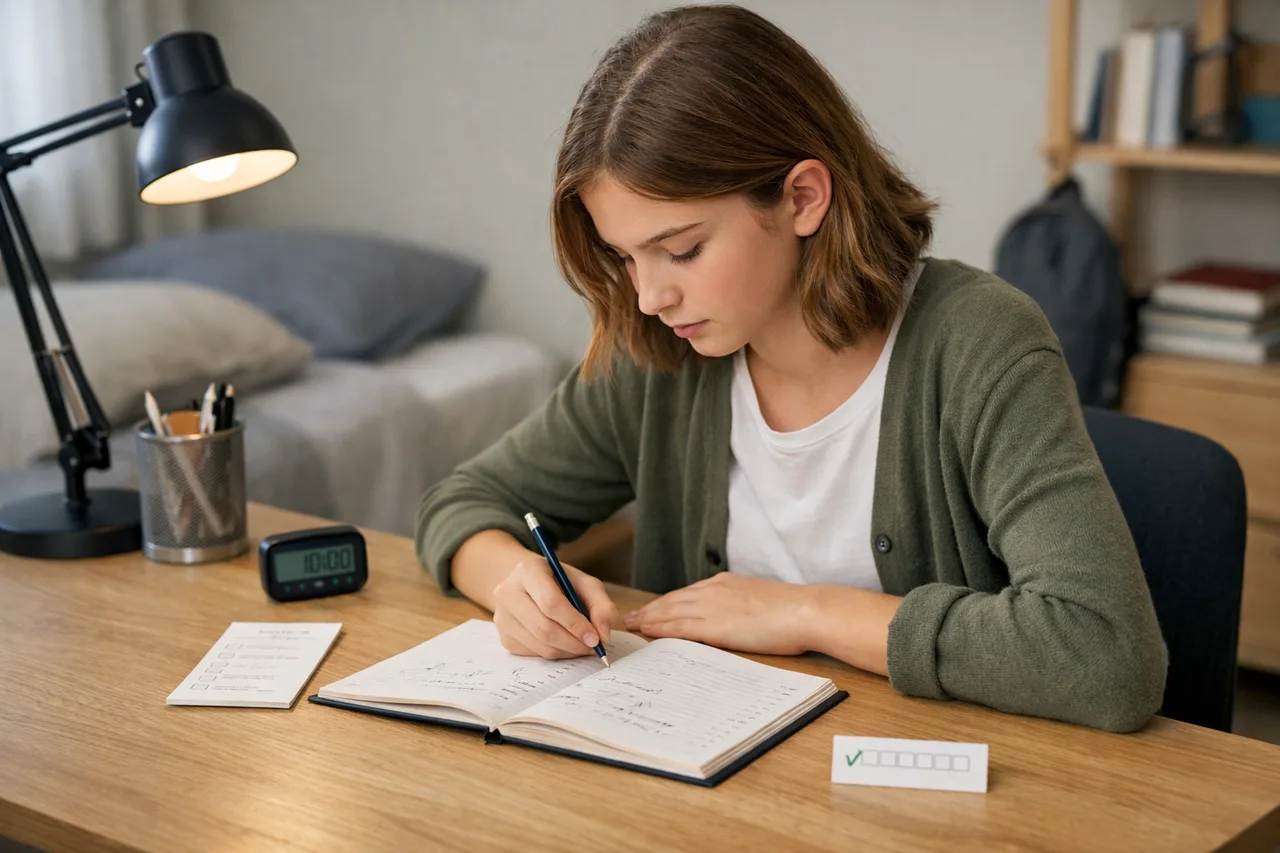 A teenager at a simple workspace with an open exercise book, a short checklist and a timer set to 20 minutes.