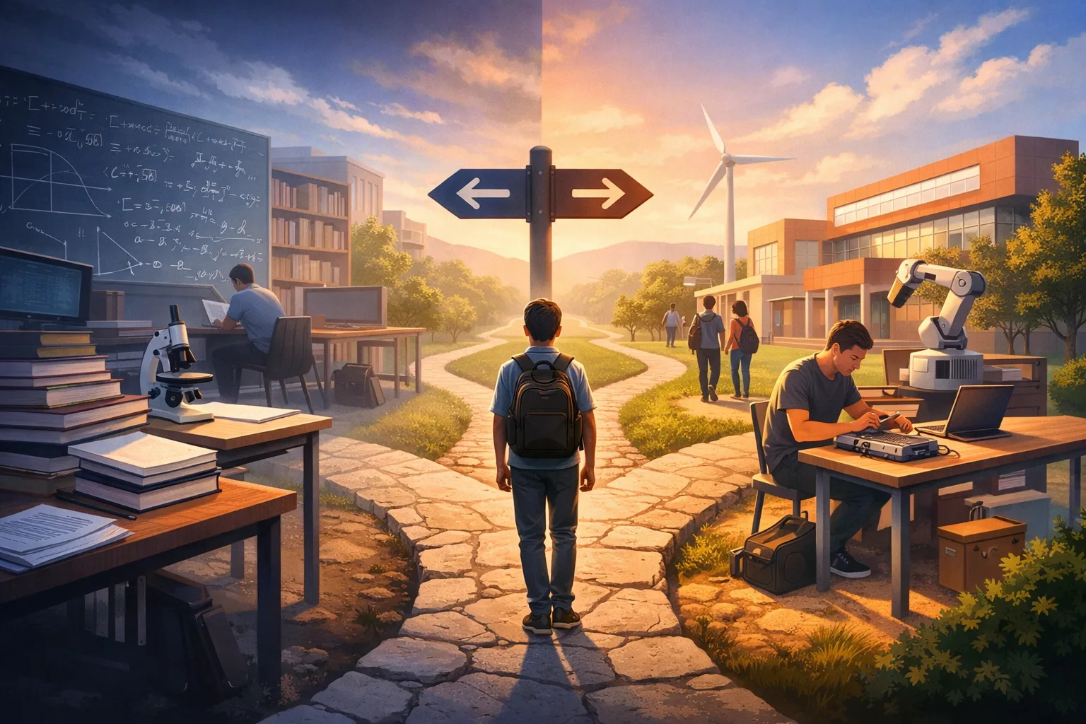 Une image conceptuelle oppose un univers de prépa très théorique à un univers de campus d’école d’ingénieurs plus intégré, autour d’un même choix d’orientation.