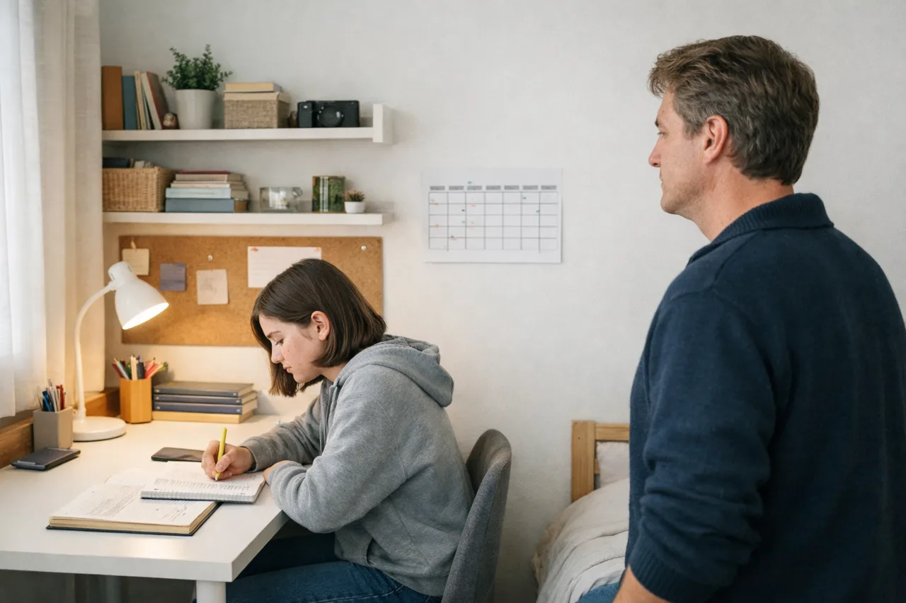 A teenager works calmly during a short study session while a parent checks a simple weekly tracker from a short distance.