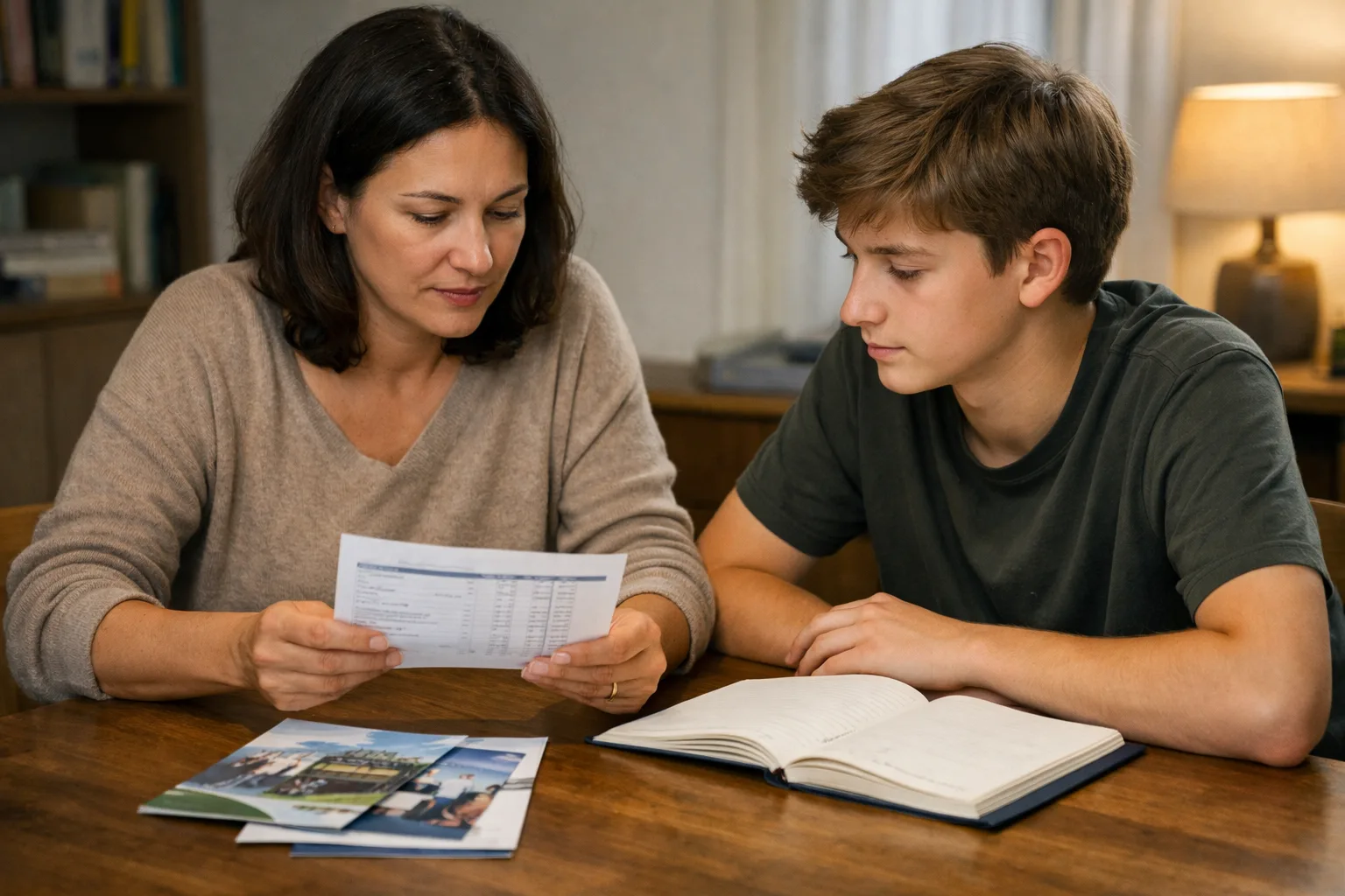 Un parent et un adolescent examinent calmement des documents scolaires et deux options d’établissement autour d’une table familiale.
