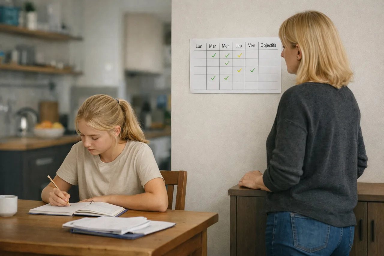 Un adolescent travaille calmement pendant qu’un parent consulte à distance un suivi hebdomadaire simple, sans posture de contrôle.