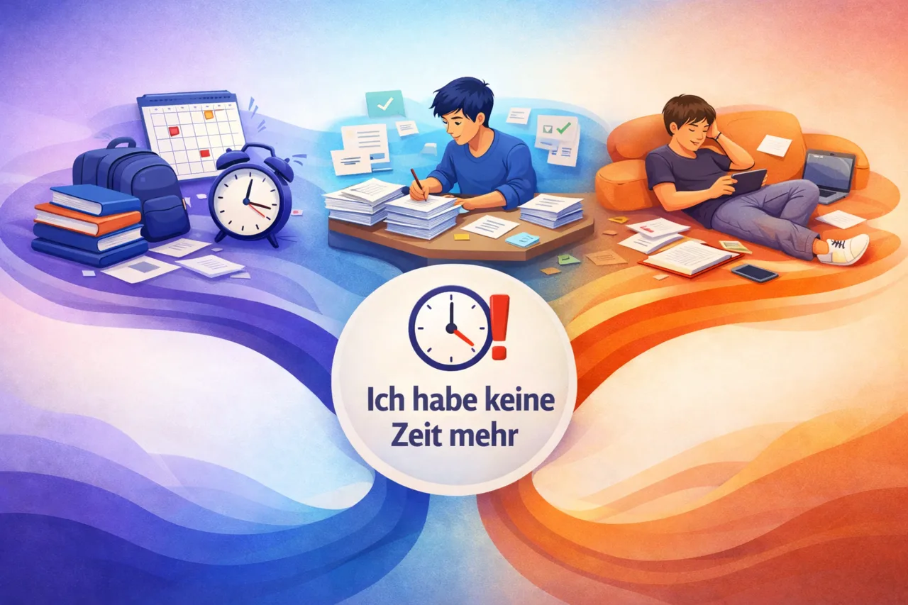 Konzeptuelle Illustration, in der sich ein gemeinsamer Zeitdruck in drei Ursachen aufteilt: echte Überlastung, aufblähender Perfektionismus und ineffizientes Arbeiten.