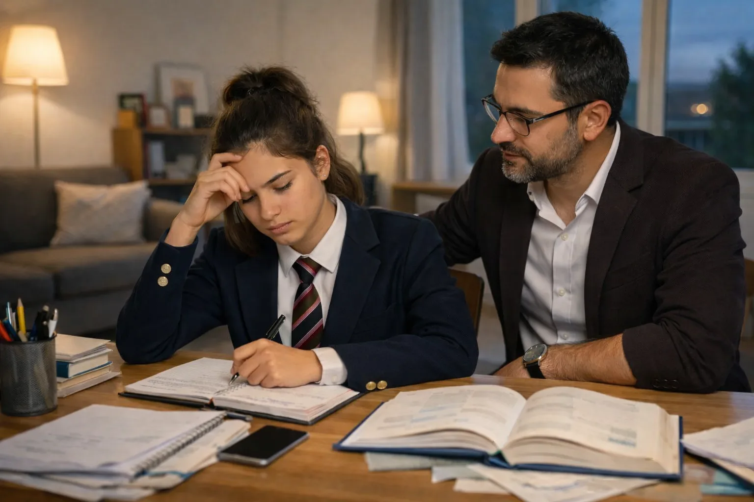 A secondary-age student looks overloaded by schoolwork in the early evening while a parent watches supportively nearby.