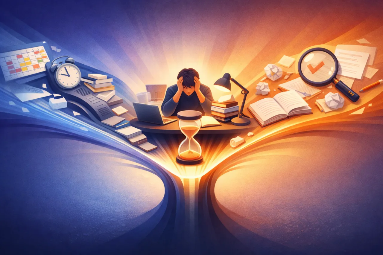 A concept illustration showing one evening time crunch being fed by overload, perfectionism and inefficient study habits.