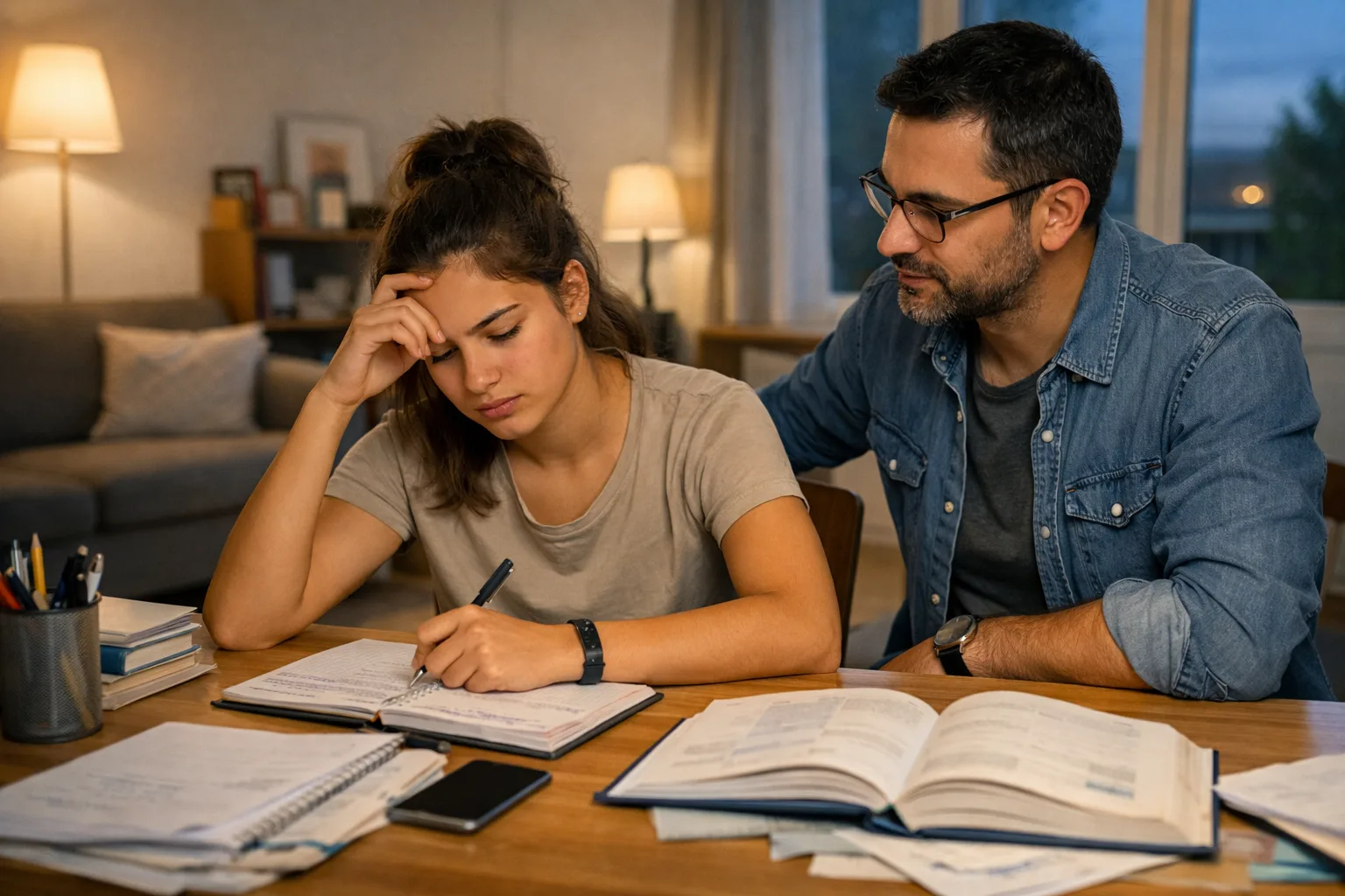 Un adolescent débordé devant ses affaires scolaires tandis qu’un parent observe calmement la situation à la fin de la journée.