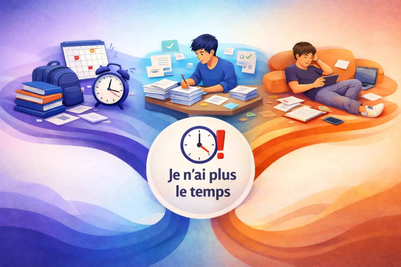 Illustration conceptuelle montrant que le même manque de temps peut venir d’une surcharge réelle, d’un perfectionnisme coûteux ou d’une méthode inefficace.