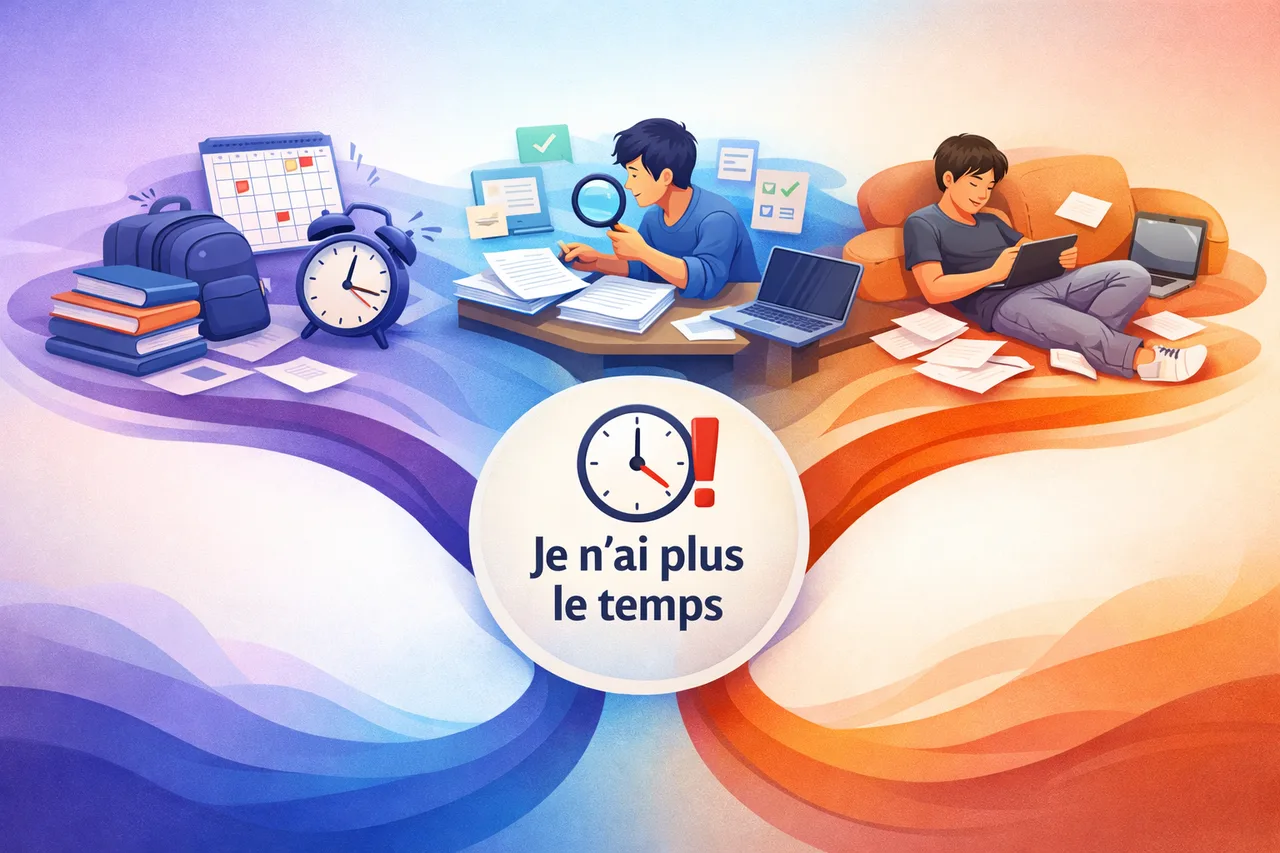 Illustration conceptuelle montrant que le même manque de temps peut venir d’une surcharge réelle, d’un perfectionnisme coûteux ou d’une méthode inefficace.