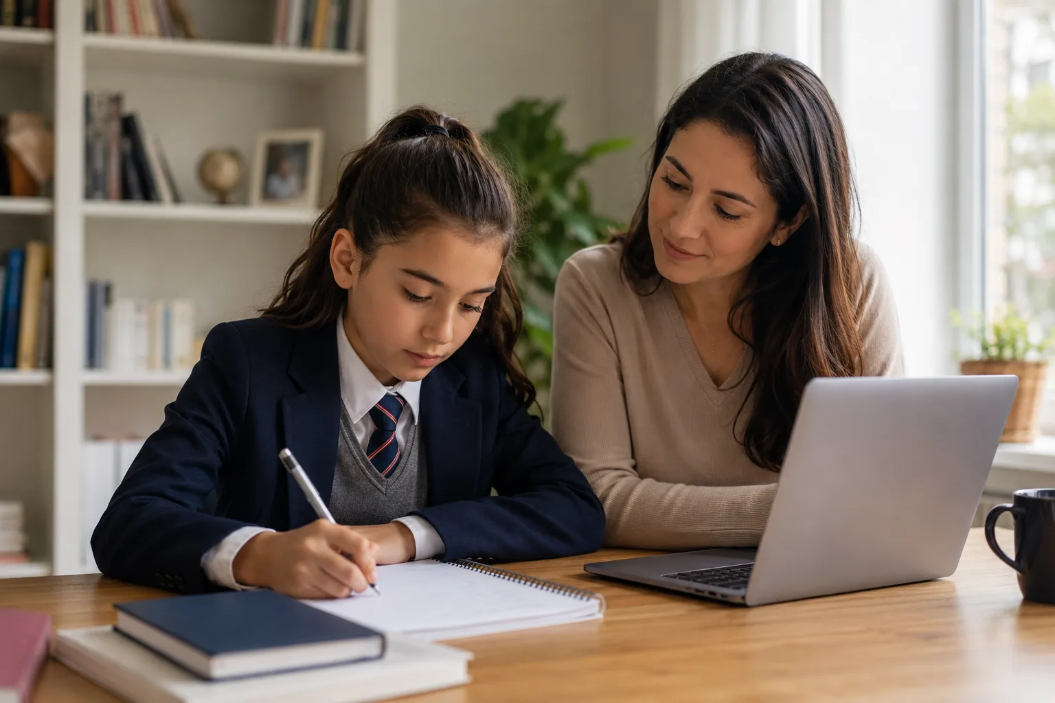 A teenager and parent discuss medicine, dentistry and veterinary course options at a kitchen table.