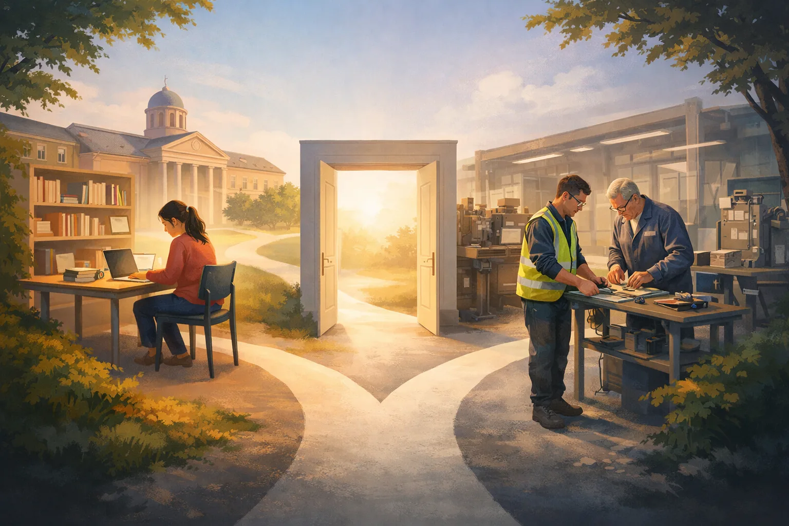 Conceptual image of one starting point leading to an academic route and a work-based training route with equal visual emphasis.