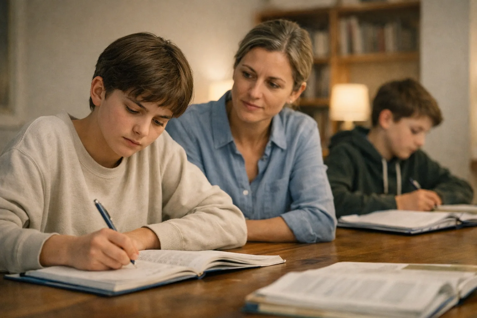 Une adolescente fait ses devoirs à table pendant qu’un parent l’observe, avec un frère ou une sœur présent dans la même pièce.