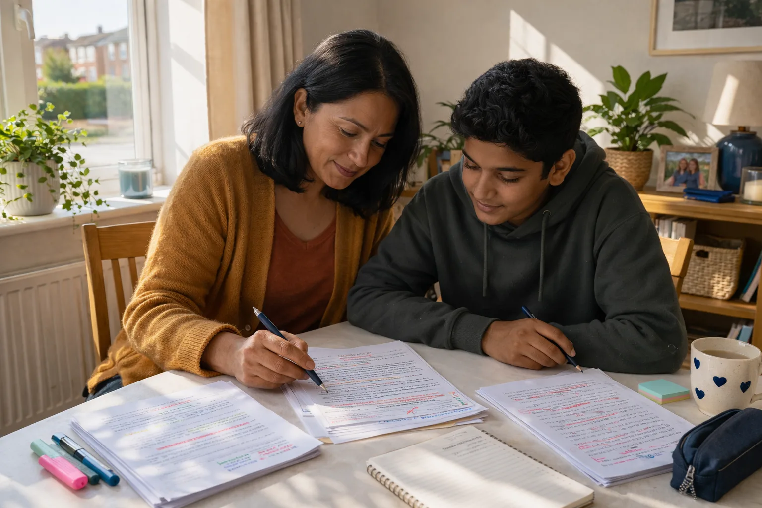 A parent and a teenager calmly review annotated mock papers together at a table at home.