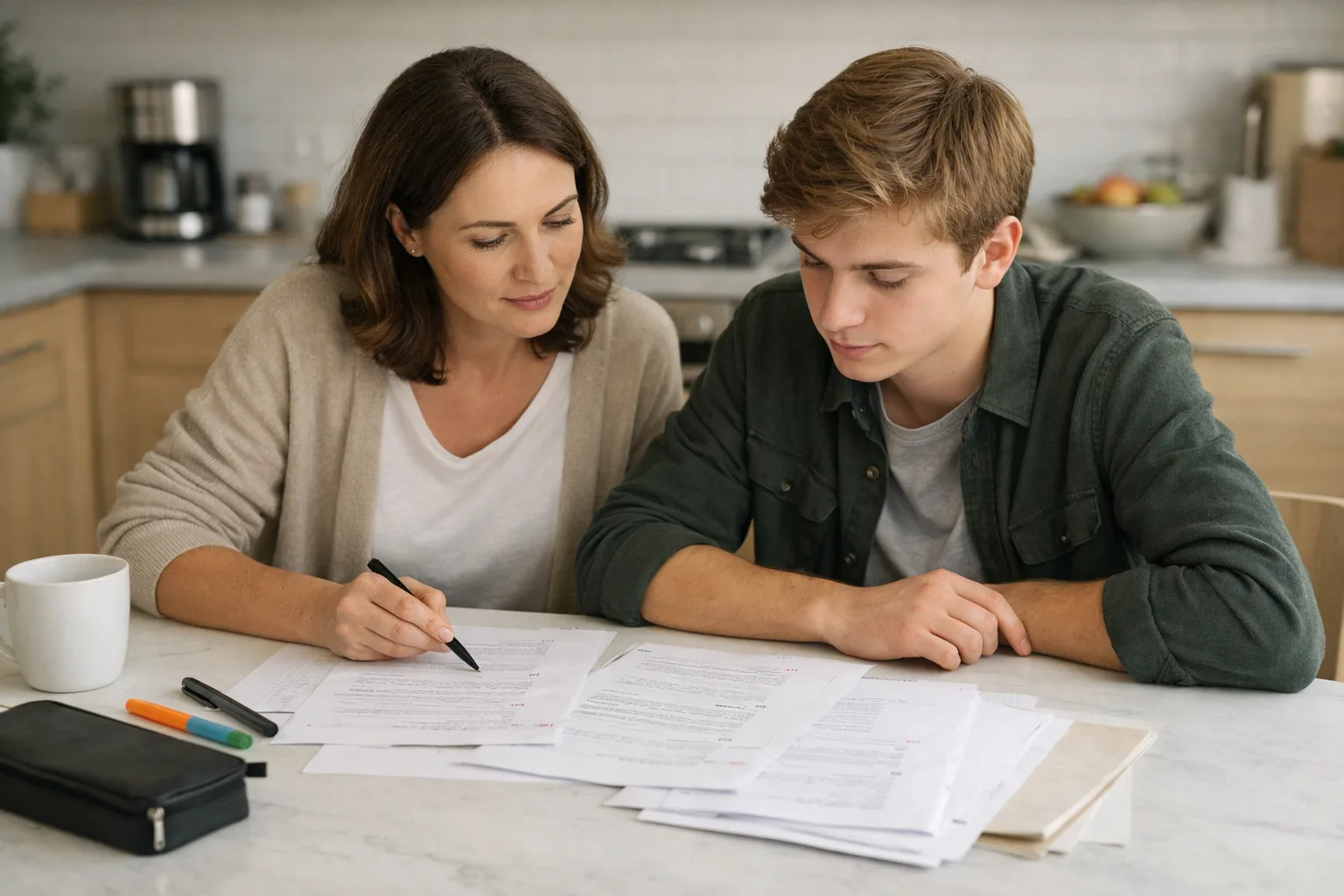 Un parent et un adolescent examinent calmement plusieurs tests blancs annotés autour d’une table à la maison.