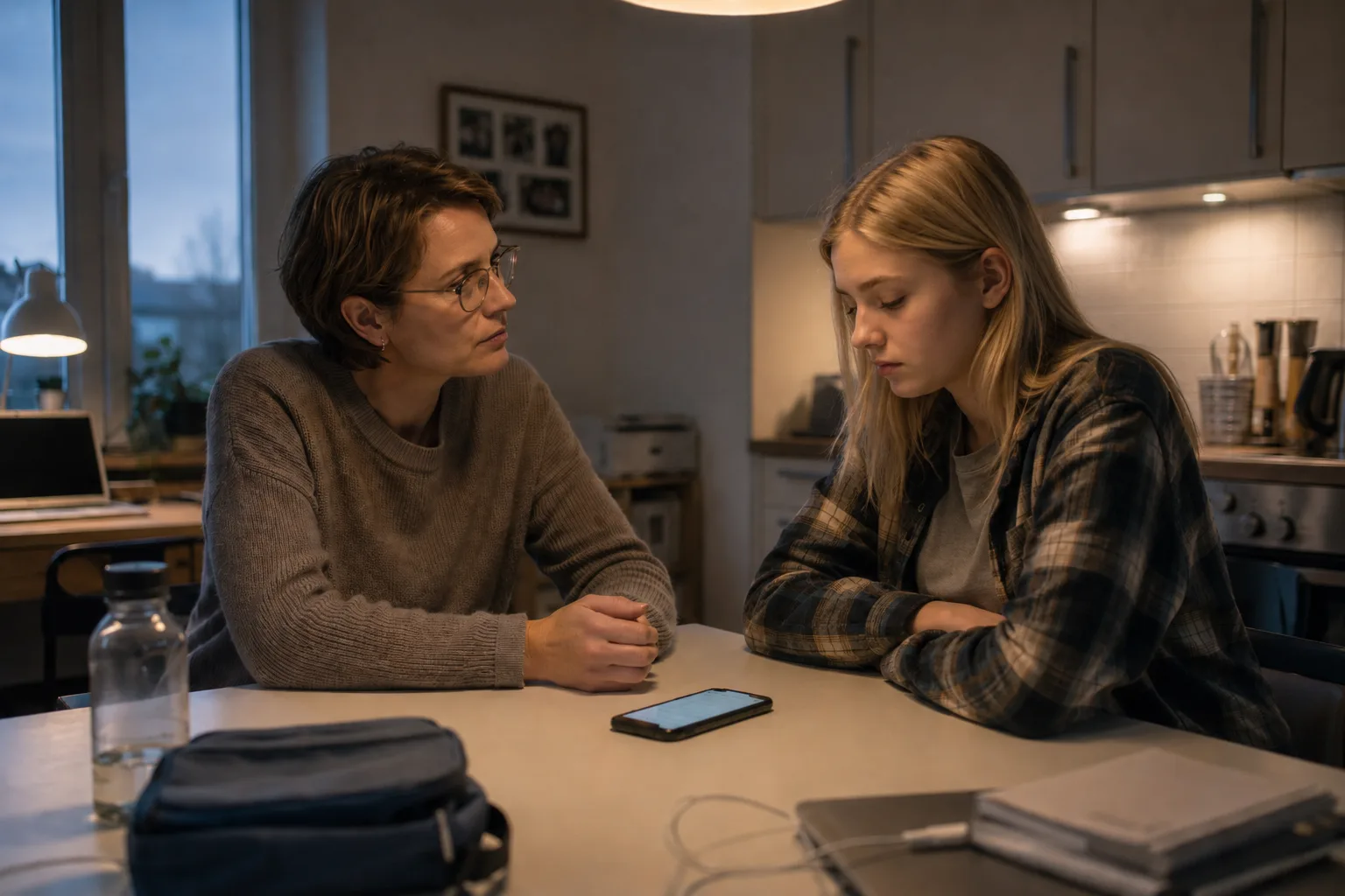 Ein Elternteil und ein Jugendlicher sitzen abends in einem Familienraum, mit einem Smartphone auf dem Tisch zwischen ihnen.