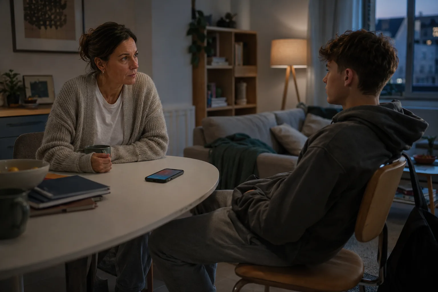 A parent and teenager in a family room at evening, with a phone on the table between them before discussing a worrying message.