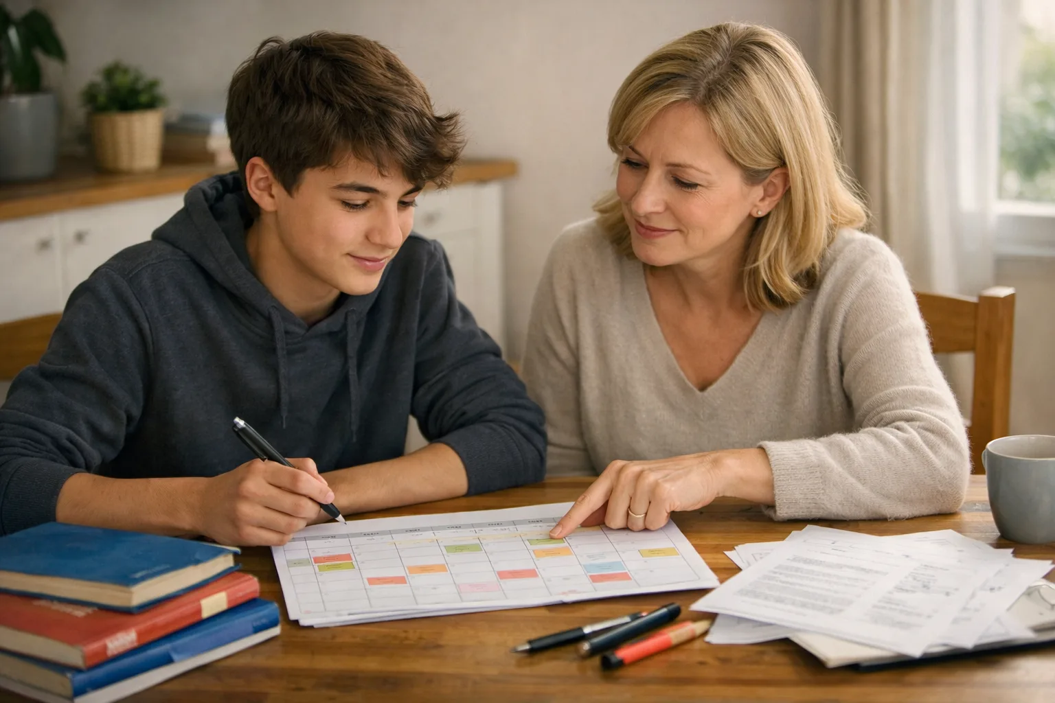 Un parent et un élève de troisième organisent ensemble un planning de révision du brevet autour d’une table de maison.