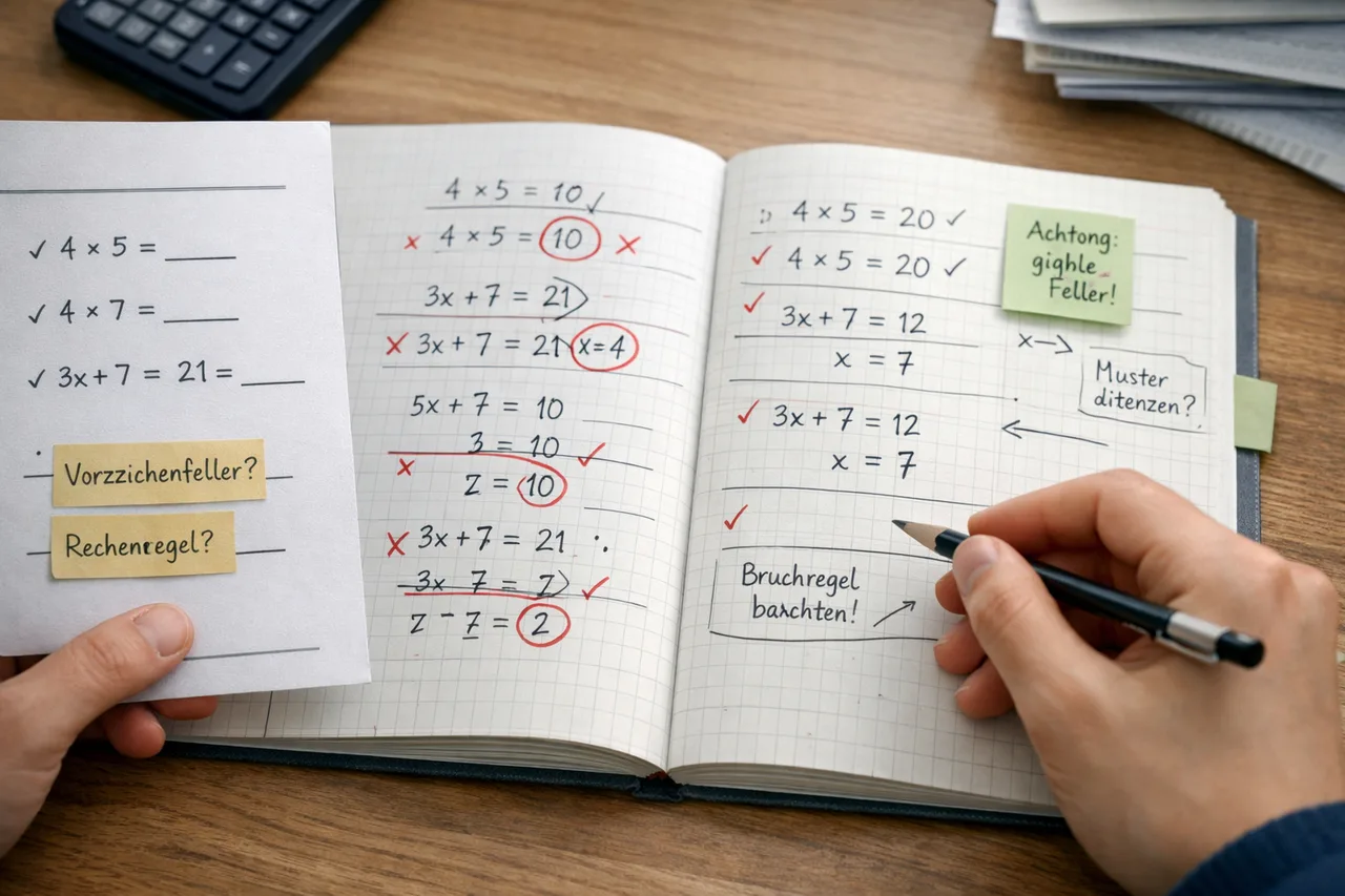 Ein Matheheft zeigt markierte und eingeordnete Fehler, um ihre Ursache besser zu verstehen.