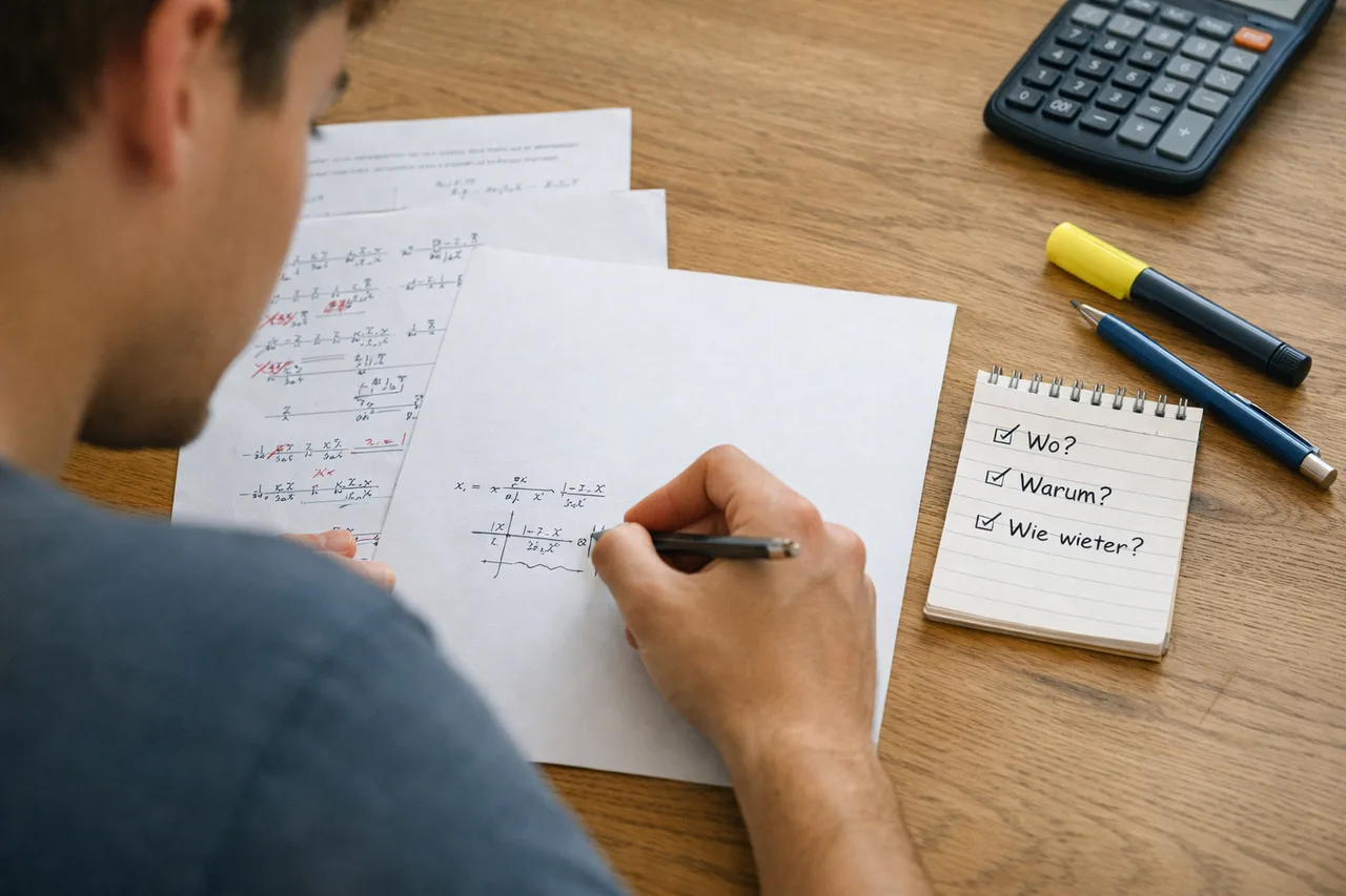 Ein Schüler arbeitet eine bereits korrigierte Matheaufgabe mit einer kurzen, gezielten Methode noch einmal selbst durch.