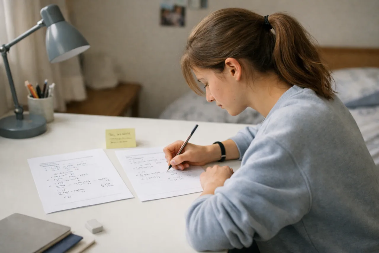 A student reworks a missed maths question, labels the exact error and then checks it with a near-identical follow-up question.