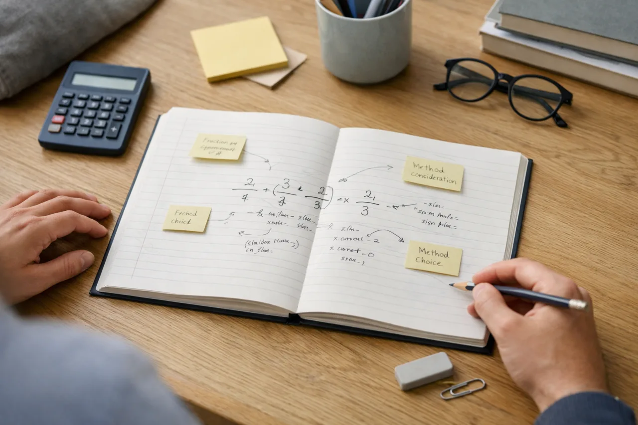 A maths notebook with small annotations helps identify the exact type of mistake before more practice is added.