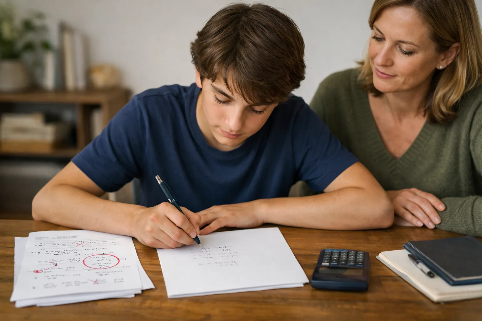 Ein Schüler arbeitet zu Hause einen Mathefehler auf einem sauberen Blatt noch einmal durch, während ein Elternteil ihn ruhig begleitet.