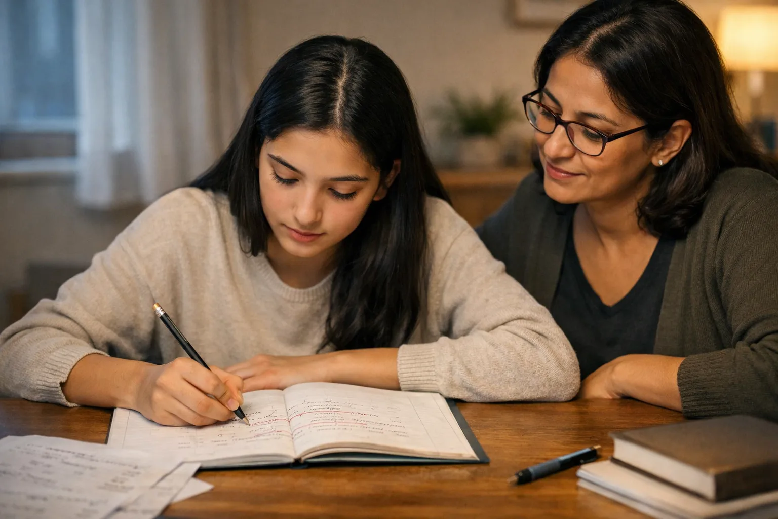 Une lycéenne retravaille calmement une erreur de mathématiques dans son cahier pendant qu’un parent l’accompagne discrètement à la table familiale.