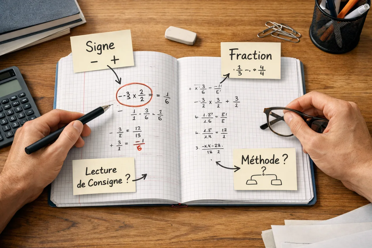 Un cahier de mathématiques annoté sert à repérer précisément le type d’erreur avant de refaire d’autres exercices.