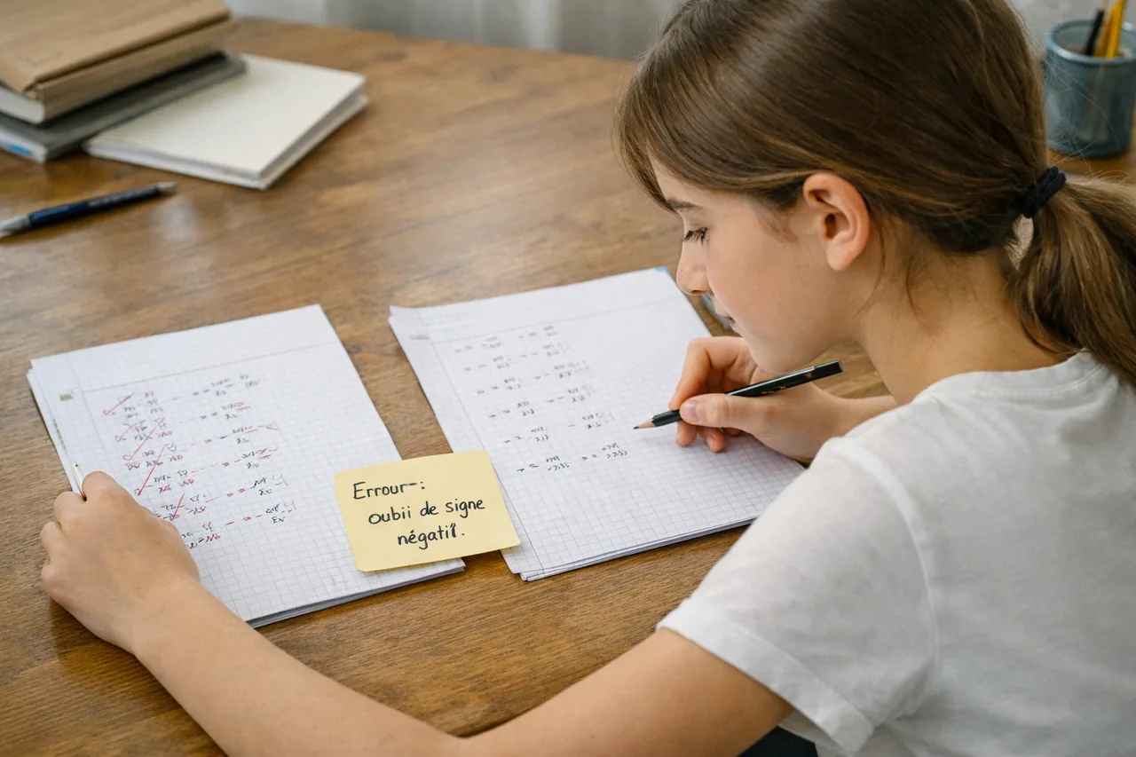 Un élève reprend un exercice de mathématiques raté, note l’erreur précise et vérifie ensuite avec un exercice très proche.