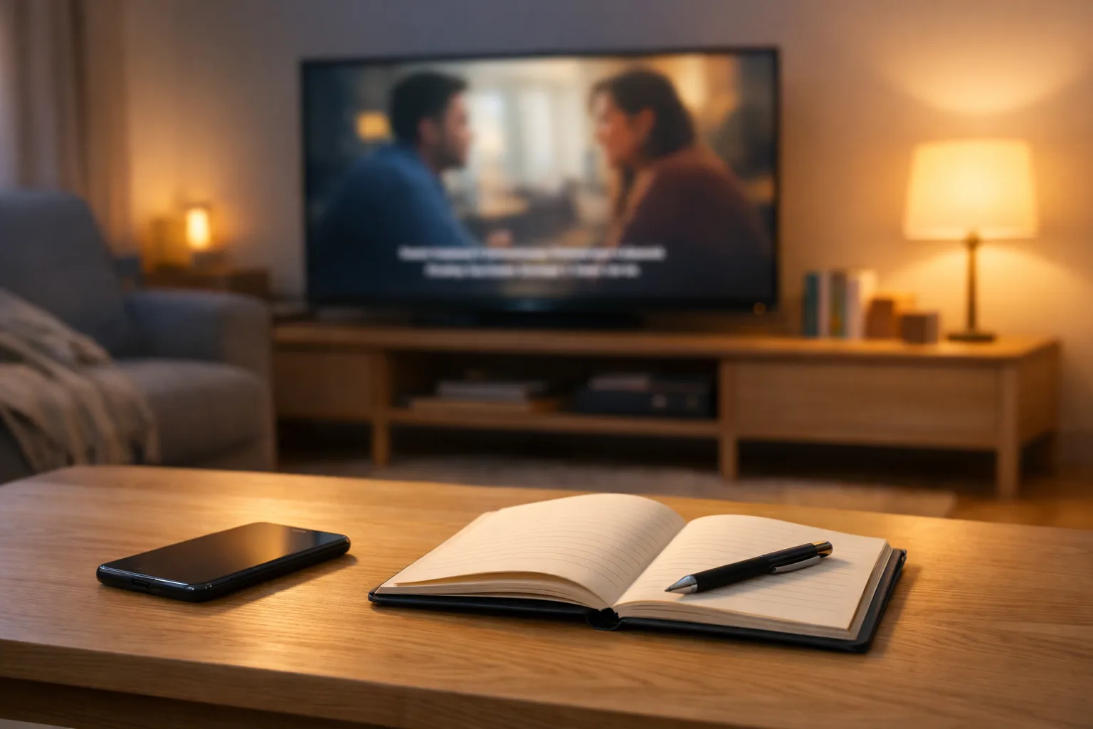 Écran de série en version originale en arrière-plan, carnet ouvert et smartphone posé face contre table dans un salon en soirée.
